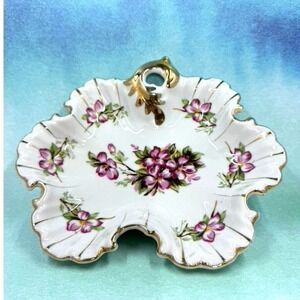 Antique Gold & White Hand Painted, Japan, One Handled, Decor Dish, Candy, 8 x 7